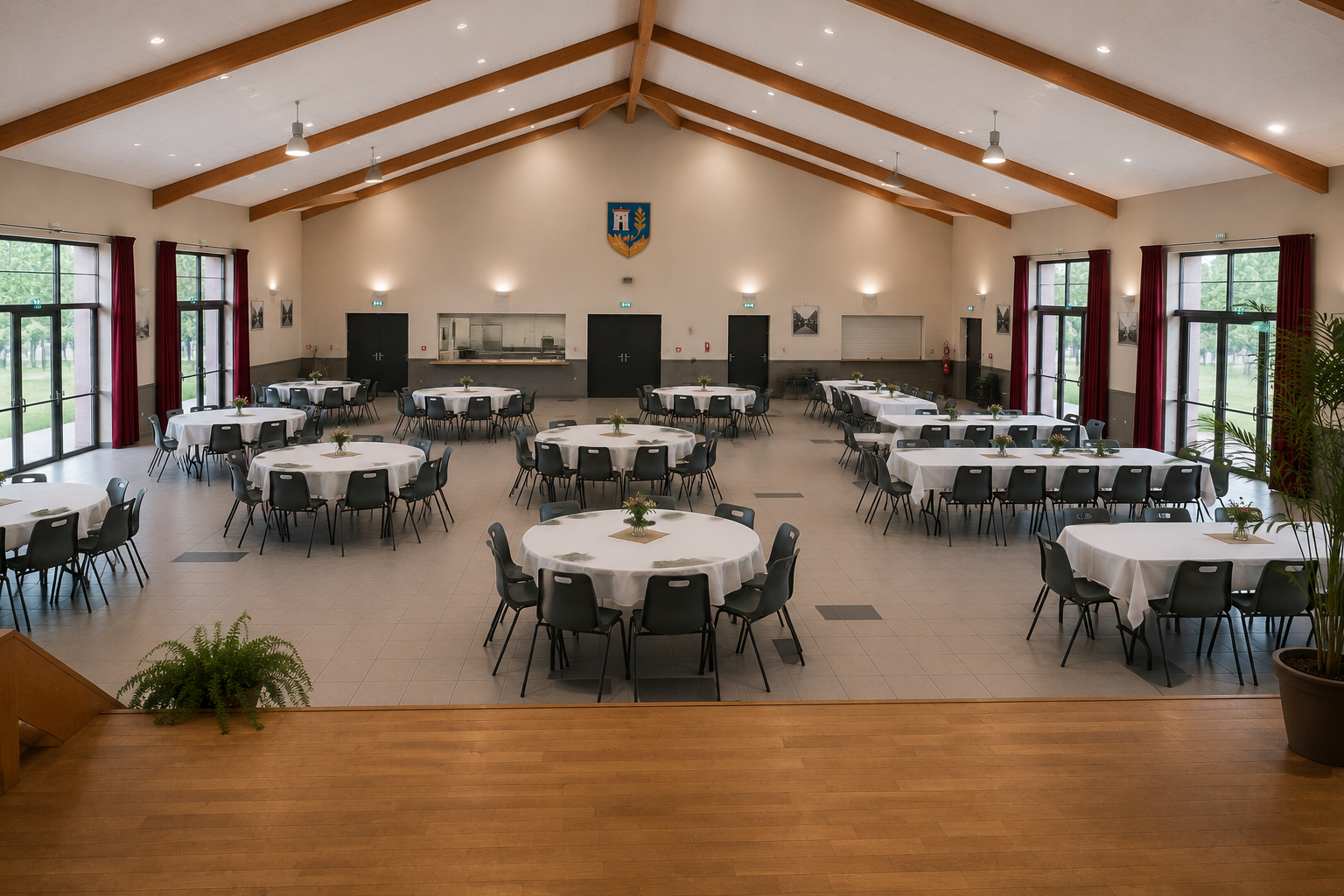 La grande salle en configuration banquet, tables rondes nappées